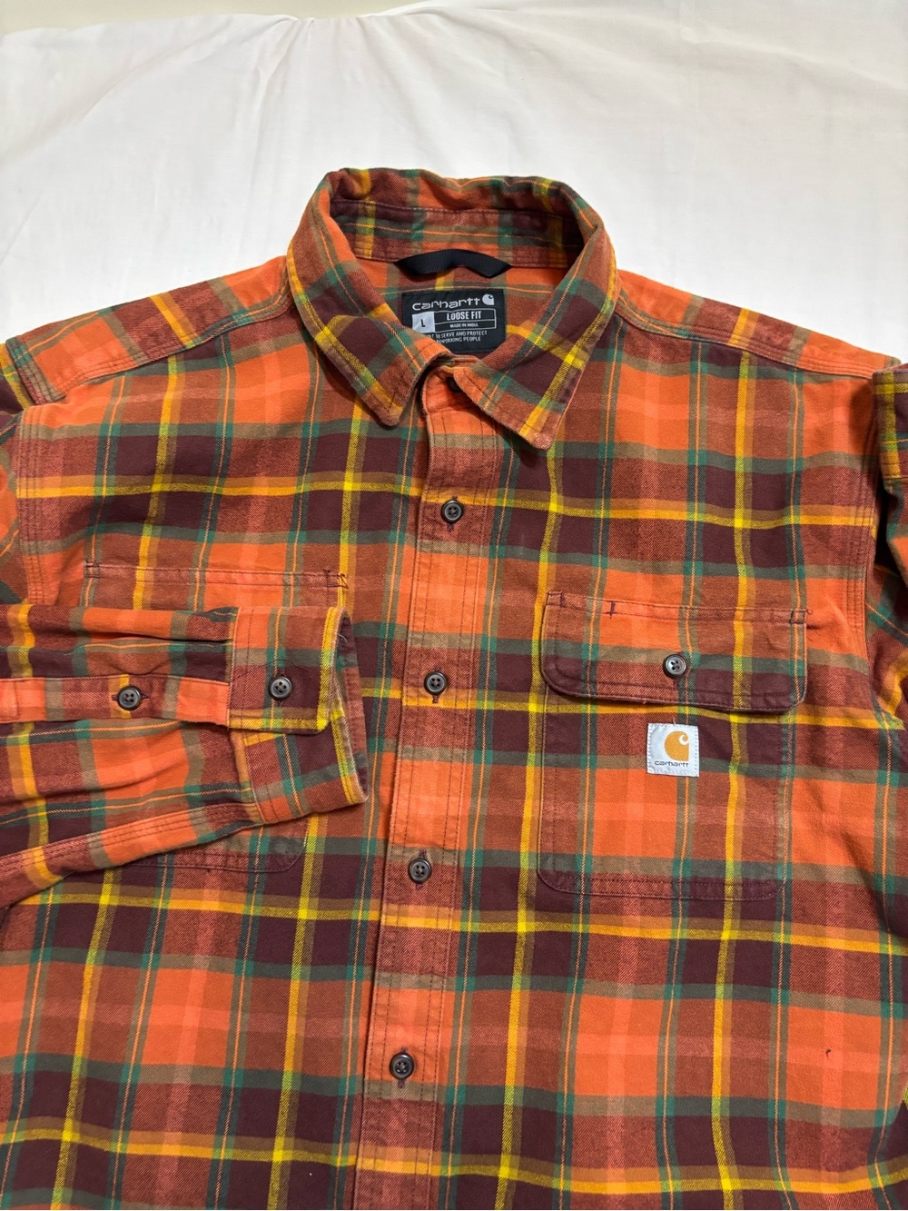Carhartt Men’s Orange, Brown & Yellow Plaid Button-Down Shirt large